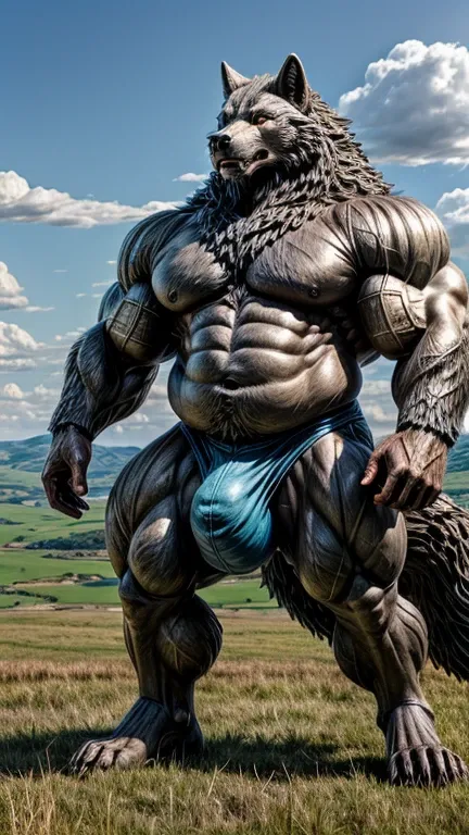 Fat male gray wolf beast man。 huge muscles。 huge bulge 。Statue。Full body portrait。grassland。 Details。Precise depiction。 highest resolution。Maximum number of pixels。 Best Picture Quality 。 hyperreal 。 photorealistic。