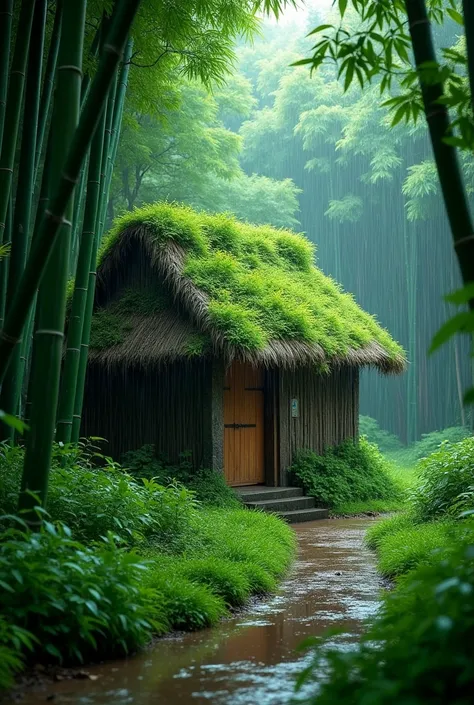 Create an image of a small, traditional hut with a thatched roof covered in greenery, situated in a lush bamboo forest. The scene is during rainfall, enhancing the vibrant green colors of the forest and the huts surroundings. A narrow path leads to the hut...