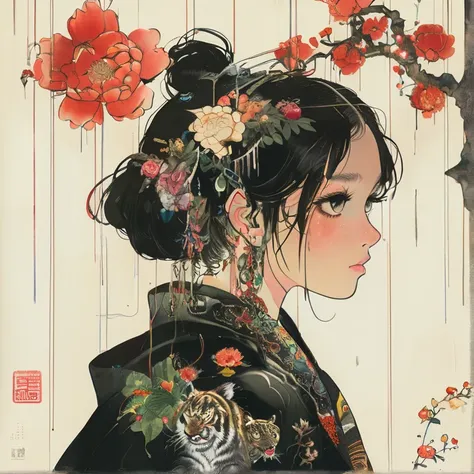  girl with dark hair and white eyes ,  in dark clothes  ,  standing next to an anthropomorphic tiger , Everyone is watching the camera .  The background is decorated with intricate flower and leaf patterns.,  in a black color scheme ,  Low Angle Shot , Hig...