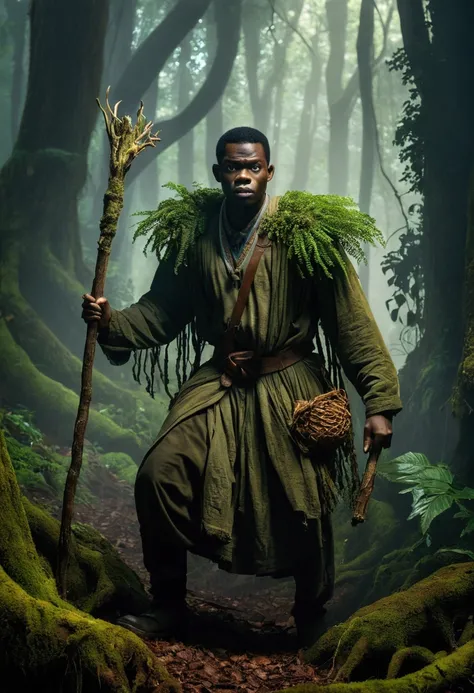 A dense, mist-filled forest called the Forbidden Forest, dark and mysterious, with towering, ancient trees whose twisted roots form a natural labyrinth. The atmosphere is heavy with magic and danger. Chidi, carrying a wooden staff and wearing rugged clothi...