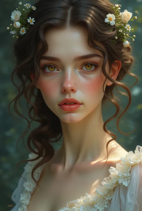 Art, a drawing, beautiful woman, with curly brown hair, light skin, shining amber eyes, freckles, the serial Arcane style.