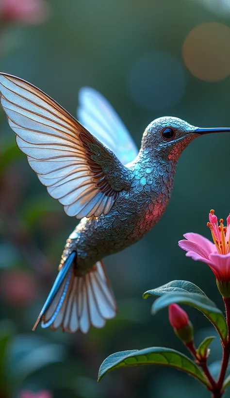 "A robotic hummingbird with iridescent metallic feathers, each intricately engraved with delicate floral patterns. Its eyes are made of luminescent gemstones that change color depending on the light. The bird hovers gracefully near a blooming flower, its w...