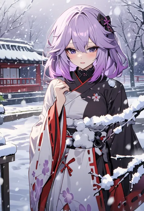 [[[[yae miko]]]], (lilac hair, gradient hair, purple hair), gothic red japanese clothes, solo, snowing