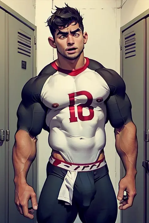 Danny Fenton from Danny Phantom, bodybuilder, sweaty, defined body, big legs, locker room, leaning against the lockers, wearing football uniform, vapid stare, sweaty body, big bulging crotch, shoulder pads, football jersey, football cleats, football pants,...