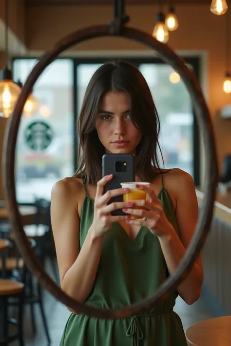 **Prompt:**  A fair-skinned young woman ,  straight dark brown hair ,  is standing inside a modern and super realistic Starbucks .  She wears a green strappy blouse and holds a cup of Juice in one hand while taking a picture in the mirror with the cell pho...