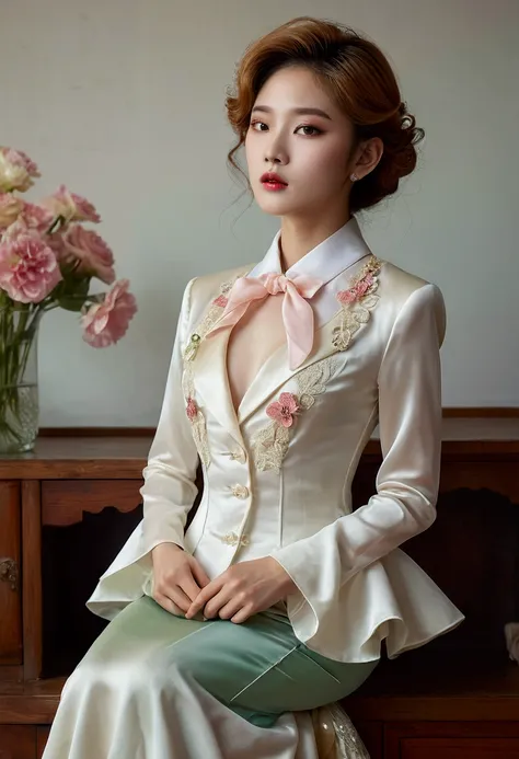 A Korean man in ladies vintage suit dress, he is crossdresser, breasts like a woman, slender female body, His hairstyle is short and manly, white, satin, long sleeves, short jacket, mermaid skirt, silk, sit quietly