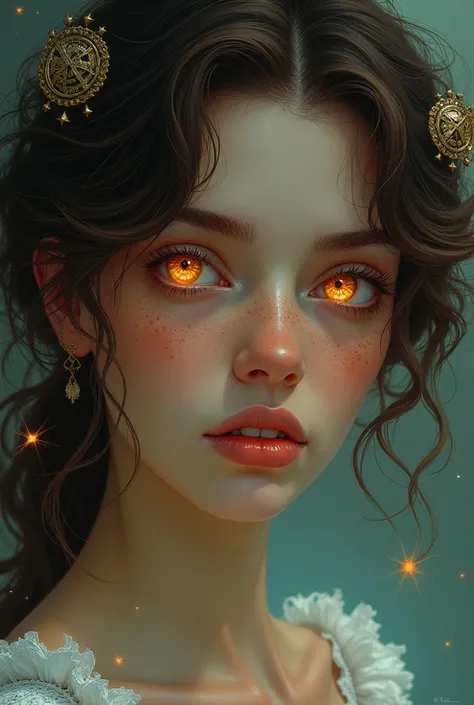 Graphic art, beautiful woman, with curly brown hair, light skin, shining amber eyes, freckles, the serial Arcane style, based on serial Arcane