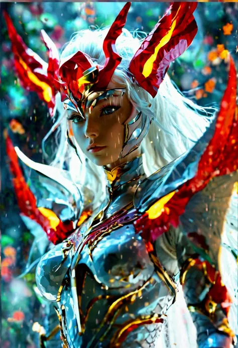 A captivating 3D render of Angewomon, the enigmatic anime warrior, standing confidently with a commanding presence. Her sleek red-black armor is adorned with exquisite details and golden accents, creating a striking contrast with her cascading white hair. ...