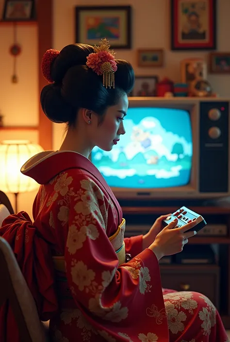 A geisha playing Super Nintendo in a retro room 