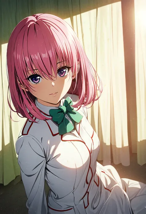 One girl, momo beria deviluke,beautiful girl with medium pink hair in white school uniform with green line,green skirt, bowtie,sitting by window in empty classroom, duotone style (white and red), afternoon sunlight streaming through window with flowing whi...