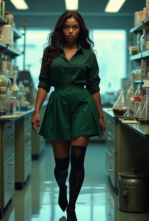  A brown woman ,  with dark shirt ,  dark green skirt like her eyes , by, skirt and shoes ,  her tights are also dark and she wears makeup ,  is walking around a scientific laboratory, Her costume is that of a schoolgirl ,  she is a very sexy and voluptuou...