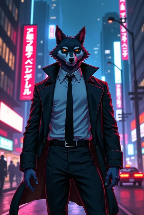 Lobo Furry anime mens night city ,  black pants white shirt long black tie 