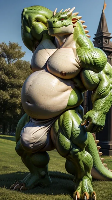 Fat male lizard beast man。Huge belly。 huge muscles。 huge bulge 。My belly is white 。Statue。Full body portrait。grassland。 Details。Precise depiction。 highest resolution。Maximum number of pixels。 Best Picture Quality 。 hyperreal 。 photorealistic。