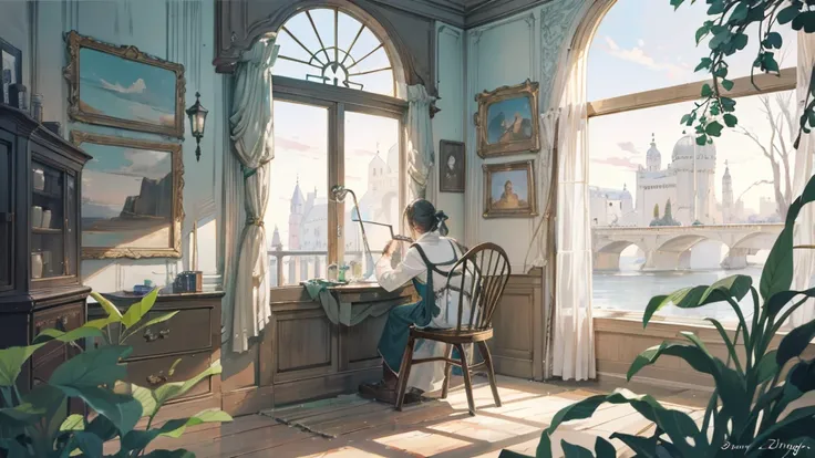 Scenery is drawn on canvas　Enogu is falling　The painters room　Windsor chair　 concept art　Dreamy details　 background only　 dreamy atmosphere　 background only