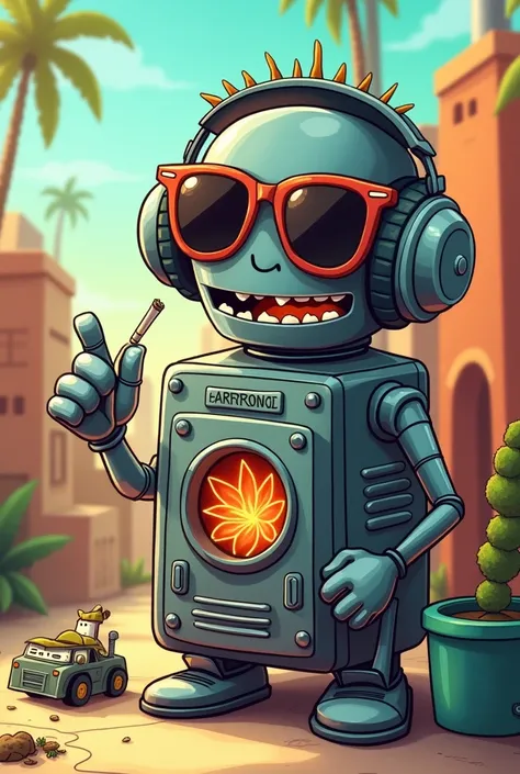 Create an image of furnace chilling in sunglasses with headphones smoking marijuana in cartoon style