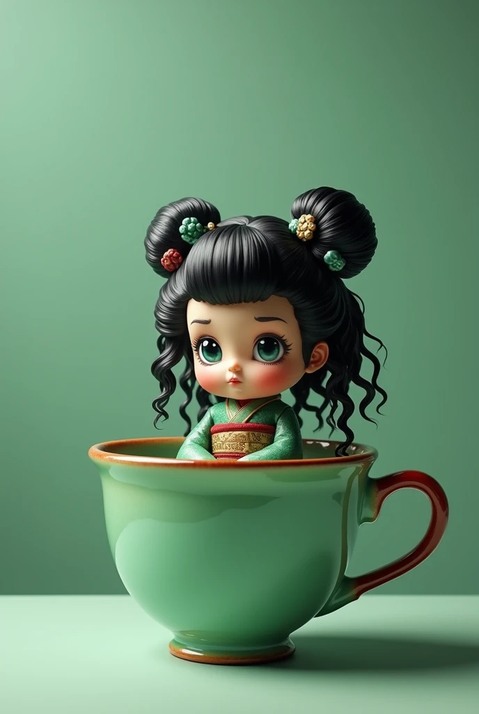 Baby chibi wearing black geisha long rope sitting in the jade teacup, black green rockabilly hair, victory rolls and 2 buns, long curly volume wavy hair