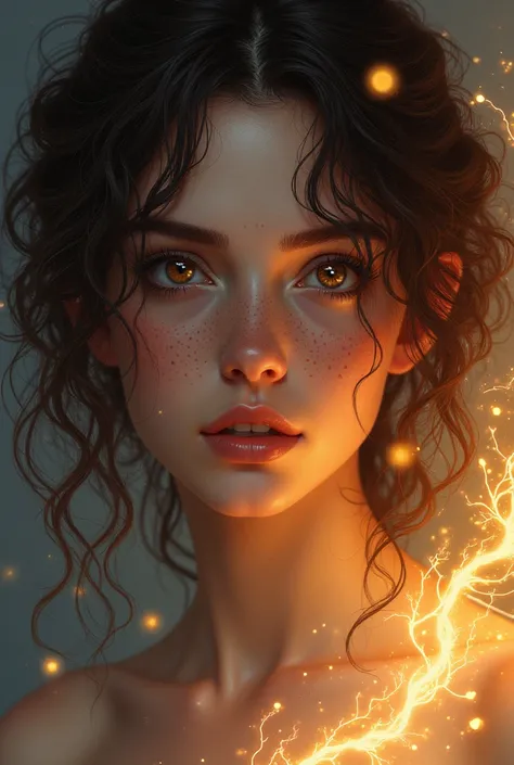 Graphic art, beautiful woman, with curly brown hair, light skin, shining amber eyes, freckles, the serial Arcane style, based on serial Arcane, defined shadows, defined lightning, Arcane art