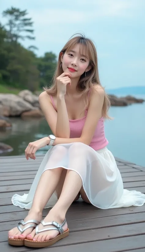 a young Japanese-Korean idol woman 25 year old perfect breasts is seated on a wooden deck, smiling at the camera. She is dressed in a Light pink tank top, a chiffon white skirt, and nike sandals with silver straps. Her left hand is resting on her hip, whil...