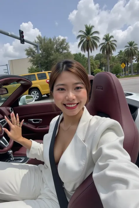 A 28-year-old female CEO wearing high-end fashion clothes from a subjective perspective, smiling cutely. Sitting in the drivers seat of a white convertible Porsche 718 with burgundy interior. Wearing a seat belt. Waiting for the traffic light at a Miami st...