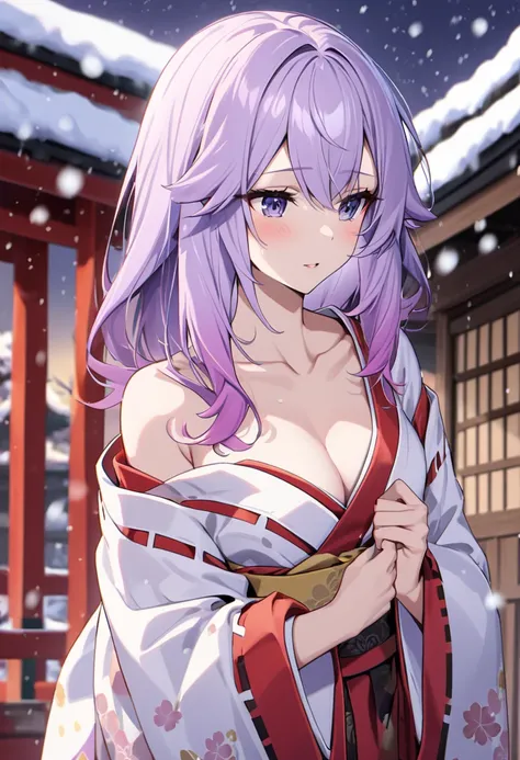 [[[[yae miko]]]], (lilac hair, gradient hair, purple hair), red japanese clothes, solo, snowing, ((collarbone))