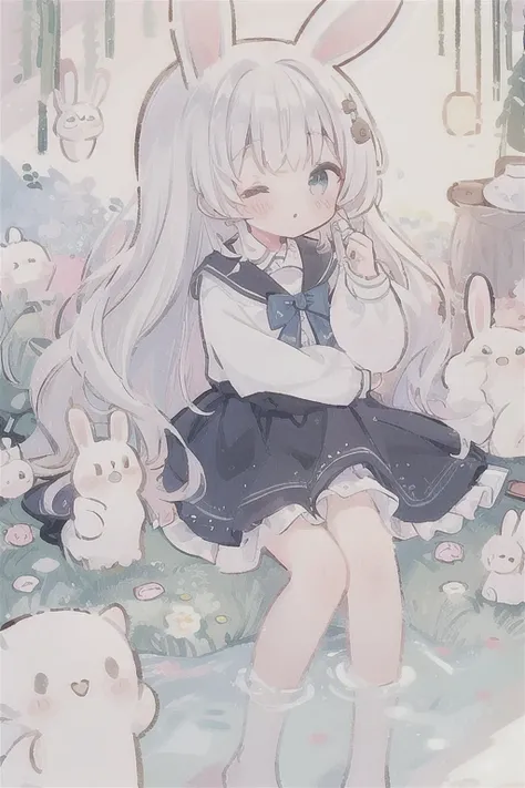 1 Girl, Solitary, long_hair, blush, long_sleeve, skirt, Very_long_hair, close_Eye, White_hair, rabbit