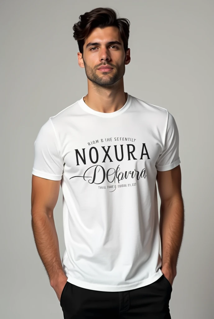  NOXURA font image on the tshirt of a male model with elegant concept,characters like zara or giordano  