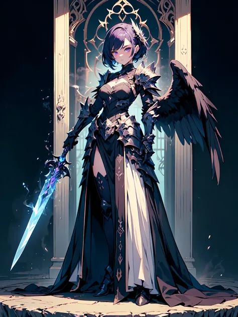 (((masterpiece, best quality, high detailed, 16k))) (1girl) A mysteriously alluring woman with short spiky purple hair and piercing violet eyes. She wears an ethereal, shadow-like armor that shifts and moves like smoke. Black, feathered wings, and she wiel...