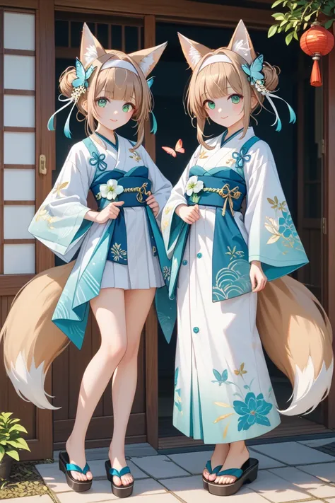  Help me create a cute girl。 Elements are creative outfits ，Element is flower ，Full body picture，fox ears tail， Hair is light milky brown ， Clothes light mint green white blue 。multiple views, hair flower, white headband, butterfly hair accessories,  Anime...