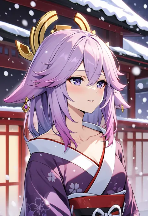 [[[yae miko]]], (lilac hair, gradient hair, purple hair), red japanese clothes, solo, snowing, (collarbone)