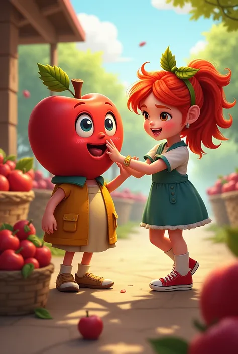 A red-haired girl with a lively apple lady