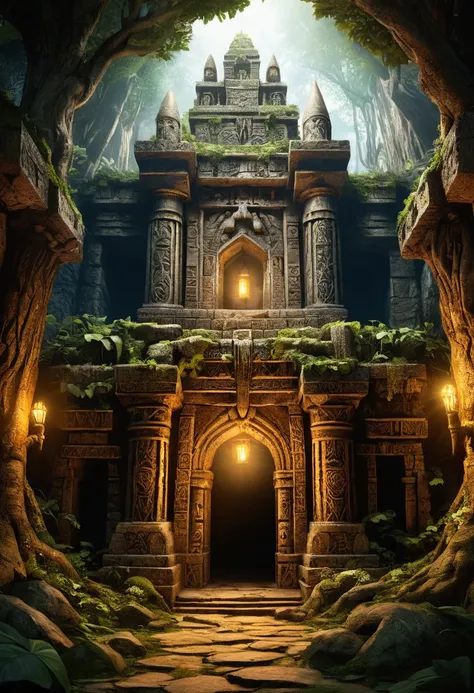 An ancient, underground dwarven kingdom, hidden beneath the roots of giant trees. The stone halls are grand and mystical, with intricate carvings of magical creatures and runes lining the walls. Golden torches flicker, casting a warm, ancient light. Chidi,...