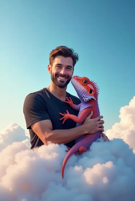 (photorealism:1.2),  a handsome man  ,wearing a black t-shirt  , , smiling hugging a bearded dragon of red and purple white color sitting on a cloud with a clear sky 