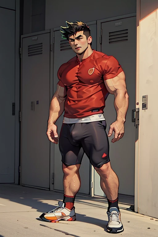 Jake Long from American Dragon Jake Long, bodybuilder, sweaty, defined body, big legs, locker room, leaning against the lockers, wearing football uniform, vapid stare, sweaty body, big bulging crotch, shoulder pads, football jersey, football cleats, footba...