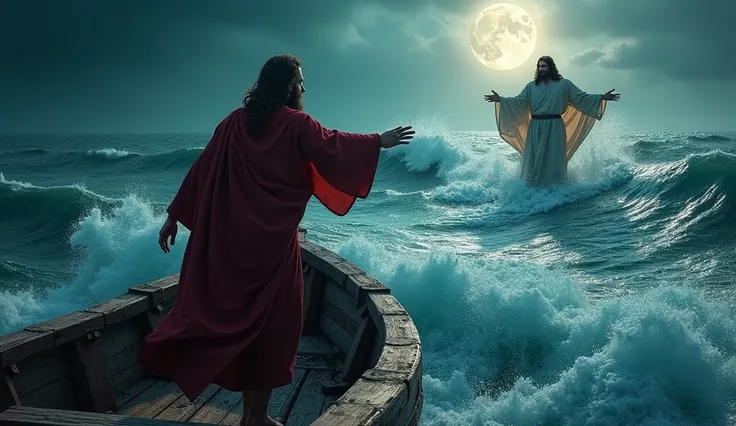 Peter, with a look of awe and fear, stands on the edge of the boat, his hand reaching out towards Jesus, who is just visible on the water. The moonlight illuminates the rough waves and the boat, creating a dramatic, tense atmosphere. The scene captures the...