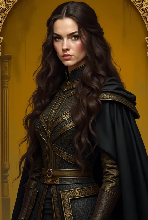 Create a Baratheon woman with long dark brown hair and dresses in yellow and black colors 