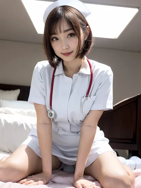 woman, Alone, (Wearing white nurse clothes:1.2), cowgirl position, straddling, ( Bob Cut  ), Light brown eyes with improved film lighting quality, nurse, perfect anatomy, nurse uniform, (( nurse cap)), ((  White Costumes  )),  skirt, hospital, (close), Fac...