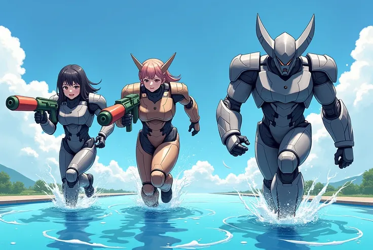 Girls around  are playing tag in a wide, shallow pool while having a water fight. They are wearing full-body metallic suits with angular, heavy designs inspired by giant hero robots. The suits feature sharp edges, thick armor panels, and a robust, powerful...