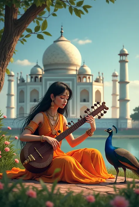  girl playing sitar in front of the Taj Mahal、 Indian folk costume and accessories 、 Indian stringed instruments 、 Indian nature and plants 、animal(Peacock)anime style
1girl , Alone, long hair, black hair, jewelry, sitting, closed eyes, outdoors, earrings,...