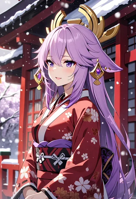 [[[yae miko]]], (lilac hair, gradient hair, purple hair), dark red furisode, solo, snowing