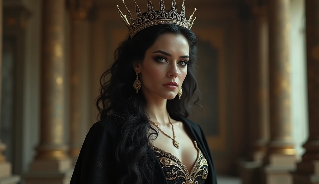 Queen with crown, Wavy hair tied in a half ponytail in black, dark black eyes