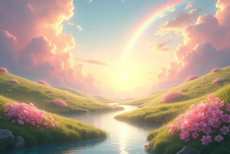  The Dimension of Divine Love is a heavenly paradise filled with soft light in shades of pink,  lilac and gold .  The radiant sky displays delicate clouds and shiny particles float through the air .  The ground is covered by emerald grass with luminous flo...