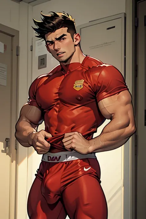 Jake Long from American Dragon Jake Long, bodybuilder, sweaty, defined body, big legs, locker room, leaning against the lockers, wearing football uniform, vapid stare, sweaty body, big bulging crotch, shoulder pads, football jersey, football cleats, footba...