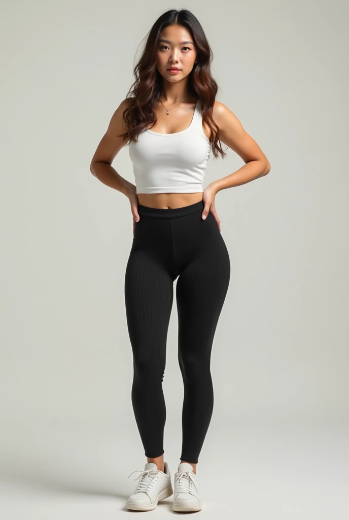 short realistic Asian woman with brown long wavy hair, skinny waist, and very thick hips and thick legs and small ankles wearing Tight ribbed black leggings and a white tank top and white tennis shoes. hands on hips.