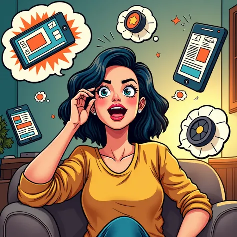 comic book art style of a woman at home juggling “Posts,” “Reels,” and “Stories” 