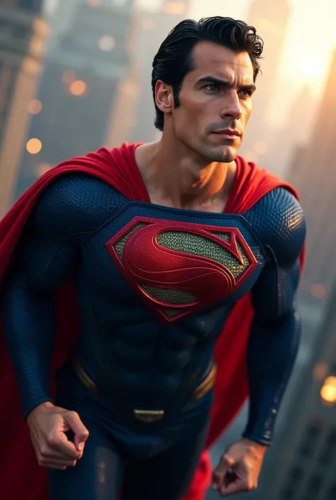 a muscular Tyler Hoechlin with chiseled features, black hair, and piercing blue eyes, wearing a red and blue superhero costume with a cape, flying through the air, fist clenched, cityscape background, dramatic lighting, cinematic scene, US President Trump ...