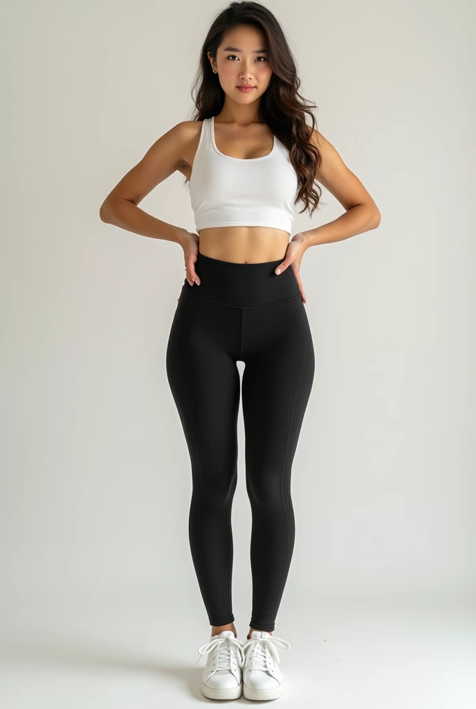 short realistic Asian woman with brown long wavy hair, skinny waist, and very thick hips and thick legs and small ankles wearing Tight ribbed black leggings and a white tank top and white tennis shoes. hands on hips.