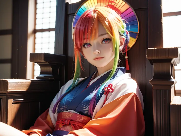 Detailed 8k image a adult girl shinobi Konoha, Shinobi costume, sit on the wood throne, rainbow hair, rainbow eyes, Illustration, realistic, sunny weather, Japanese style, sun on the background, volumetric lighting, anime, close-up