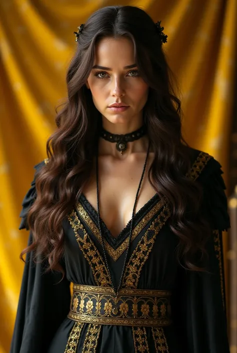 Create a Baratheon woman with long dark brown hair and dresses in yellow and black colors 