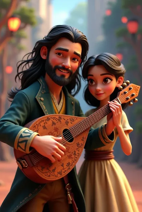  A man having a lute made of wood and a woman next to him  Eye catching animated  3D image .make the man have a  long mysterious flowing hair