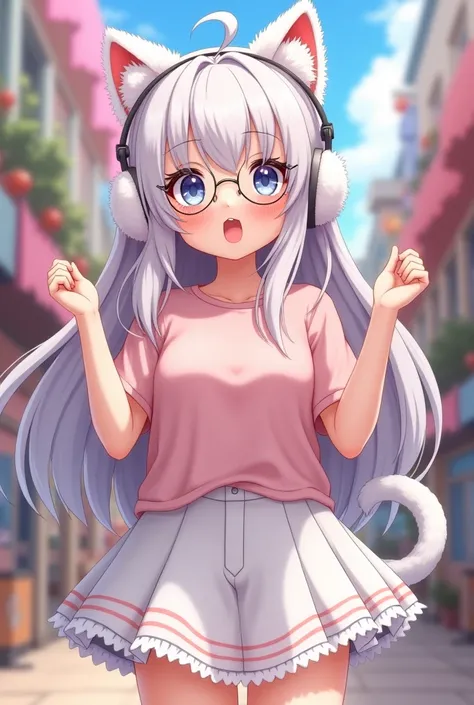  The character in the picture is an animated 18-year-old girl with a cute style.  The character has long white hair , wearing fluffy headphones and round glasses . She wore a pale pink T-shirt and short white skirt.  On the head the character has cat ears ...